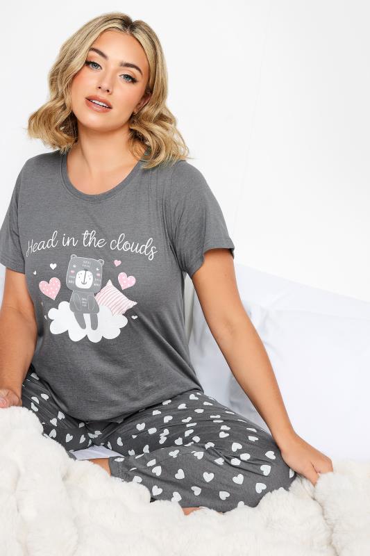 YOURS Curve Grey 'Head in the Clouds' Slogan Pyjama Set | Yours Clothing 4