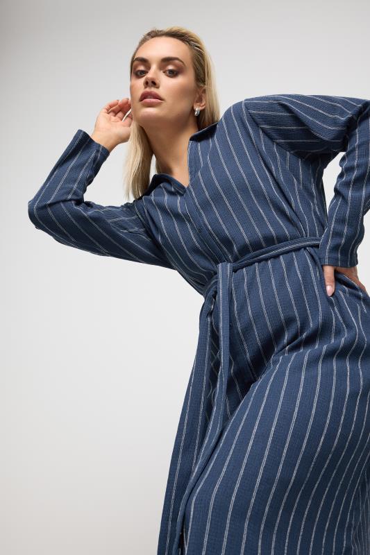 YOURS Plus Size Navy Blue Textured Pinstripe Midi Dress | Yours Clothing 1