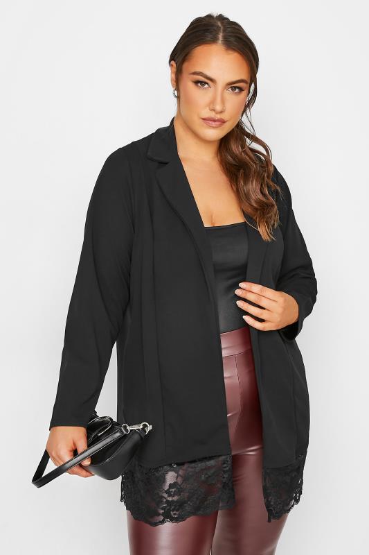 LIMITED COLLECTION Curve Black Lace Hem Blazer | Yours Clothing 1