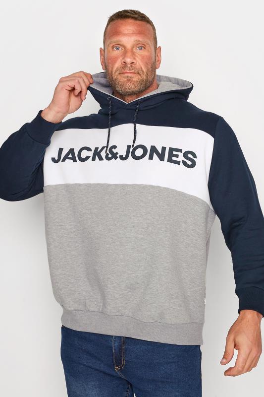  Tallas Grandes JACK & JONES Big & Tall Navy Blue & Grey Colour Block Logo Hoodie