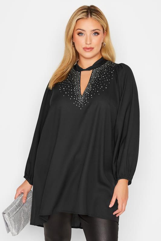 YOURS LONDON Curve Black Diamante Long Sleeve Tunic Top | Yours Clothing 1