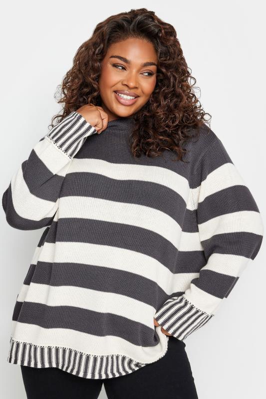 YOURS Plus Size Charcoal Grey Stripe Jumper | Yours Clothing 1
