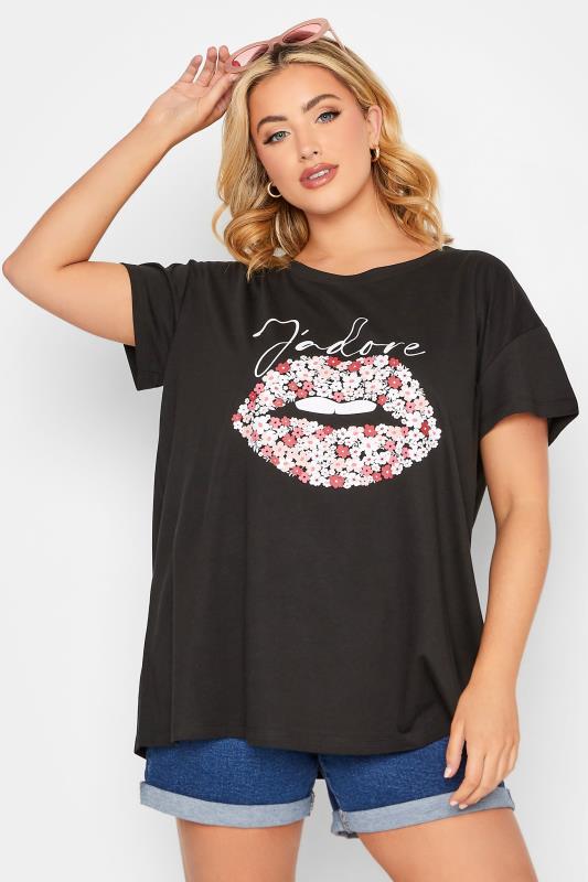 YOURS Curve Plus Size Black 'J'adore' Slogan Lips Foil Print T-Shirt | Yours Clothing 1