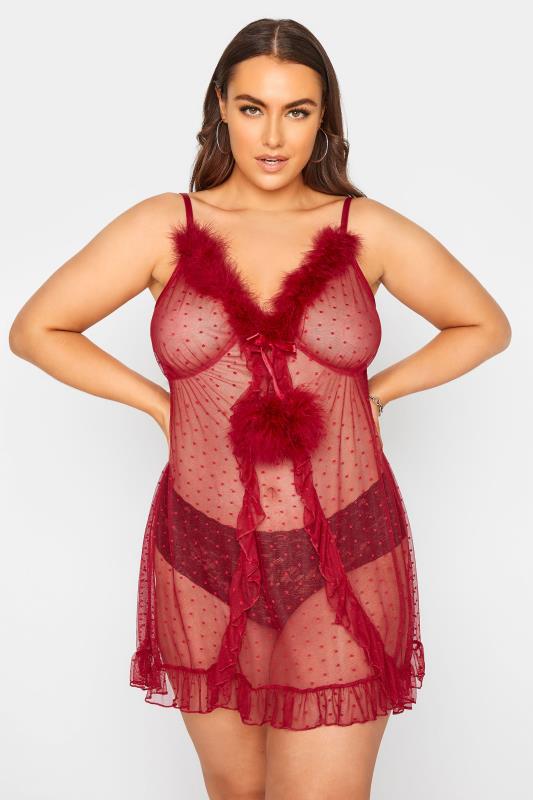  Grande Taille Curve Red Boudior Mesh Spot Print Babydoll