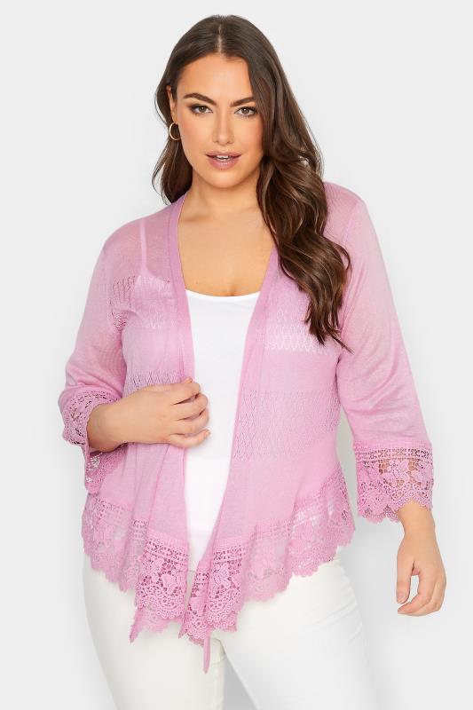 YOURS Plus Size Pink Lace Waterfall Shrug | Yours Clothing 1