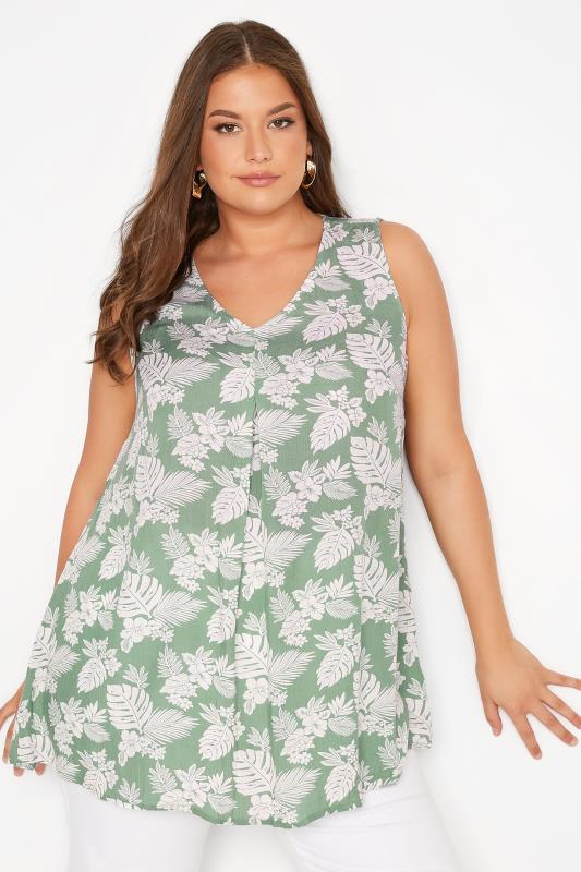 Plus Size Sage Green Leaf Print Swing Vest Top | Yours Clothing 1