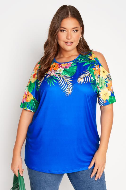 Plus Size Cobalt Blue Tropical Print Cold Shoulder Top | Yours Clothing 1