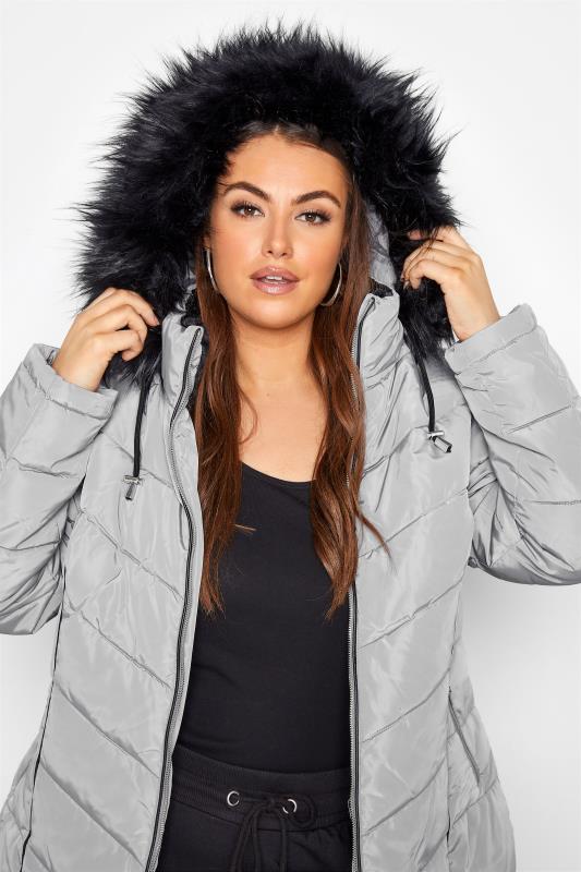 Plus Size Grey PU Faux Fur Trim Panelled Puffer Jacket | Yours Clothing 4