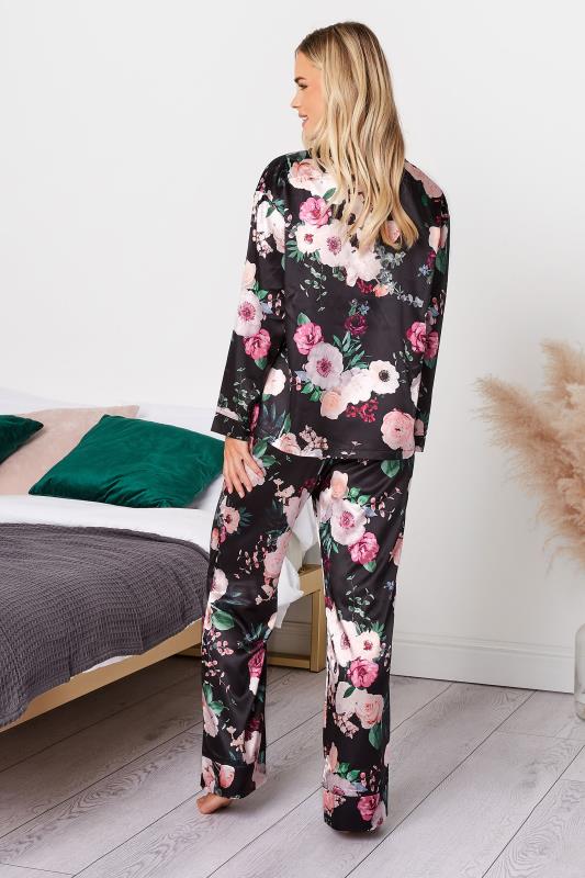 Petite Black Floral Satin Pyjama Set | PixieGirl 3