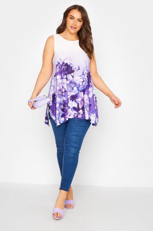 YOURS LONDON Plus Size Purple Floral Hanky Hem Vest Top | Yours Clothing 2