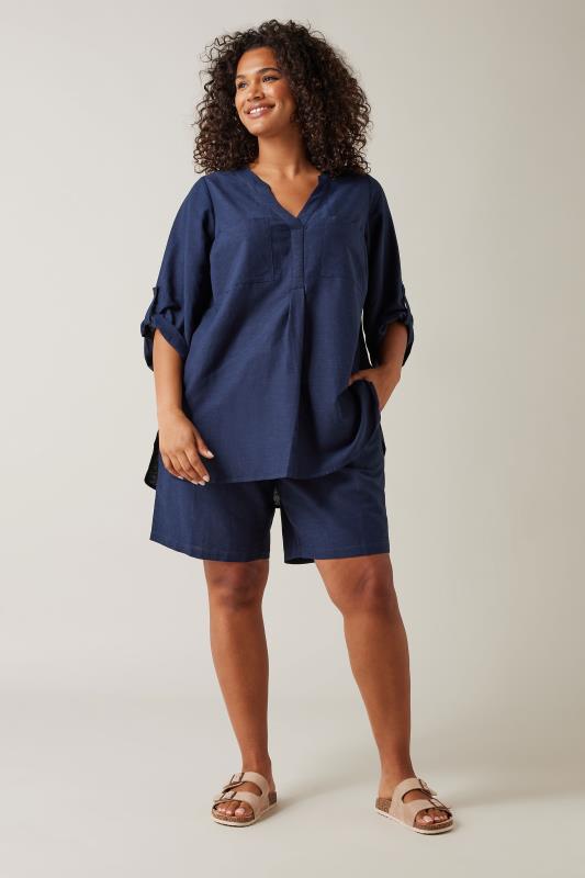 EVANS Plus Size Navy Blue Linen Shorts | Evans 2