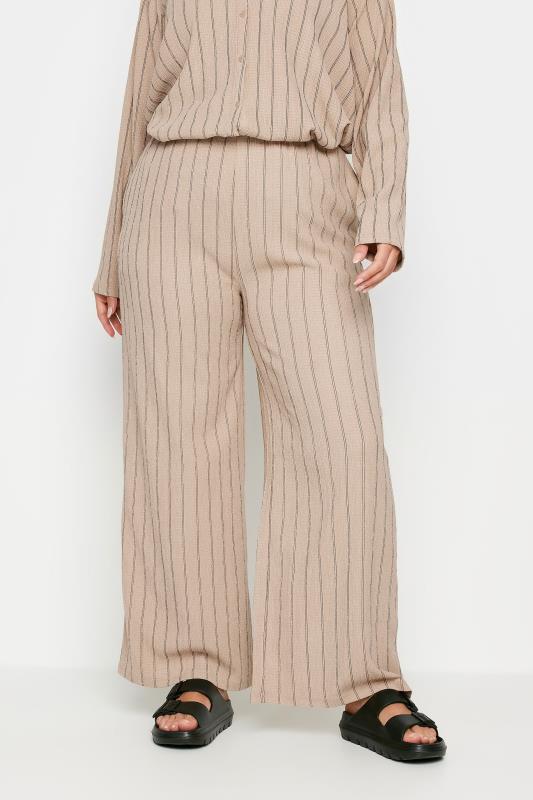 YOURS Plus Size Natural Brown Textured Pinstripe Wide Leg Trousers | Yours Clothing 2