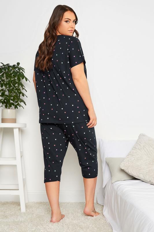 YOURS Plus Size Navy Blue Floral Print Cropped Pyjama Set | Yours Clothing 3