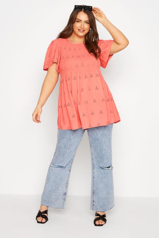 LIMITED COLLECTION Curve Coral Pink Embroidered Shirred Top 2