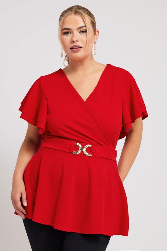 YOURS LONDON Plus Size Red Buckle Detail Peplum Top | Yours Clothing 1