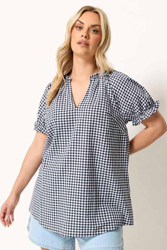  YOURS Bluse in Marineblau mit gekerbtem Ausschnitt und Vichy-Karos