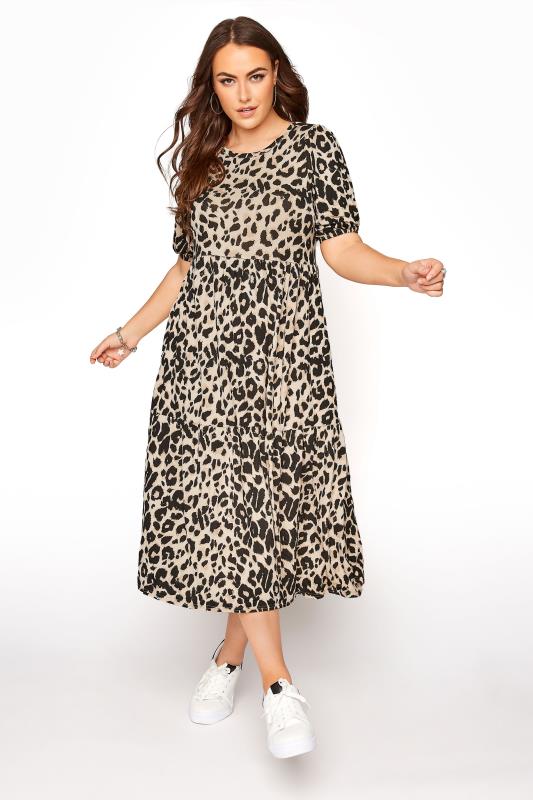 Plus Size  Curve Natural Brown Leopard Print Puff Sleeve Maxi Dress