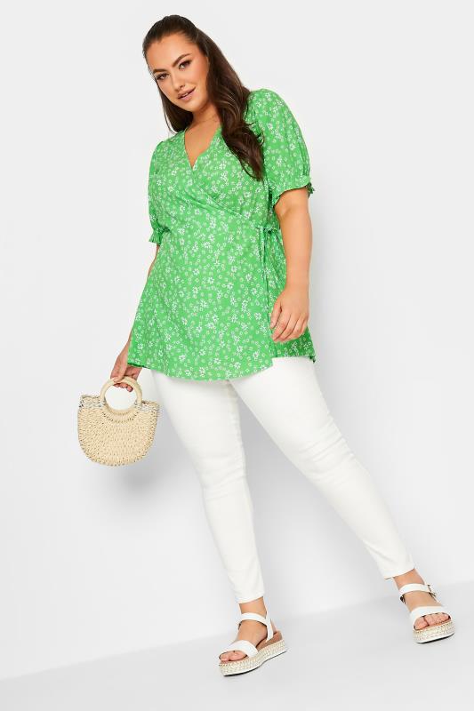 YOURS Plus Size Green Floral Print Wrap Top | Yours Clothing 2