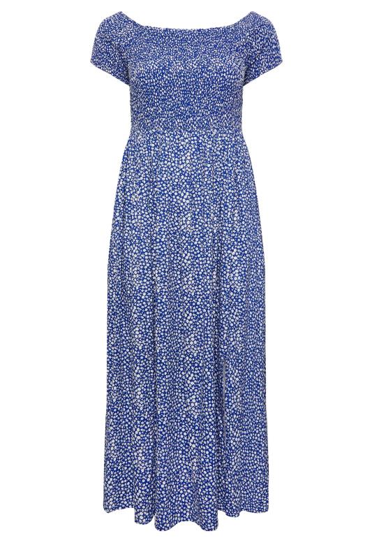 YOURS Plus Size  Cobalt Blue Ditsy Print Shirred Bardot Maxi Dress | Yours Clothing 6