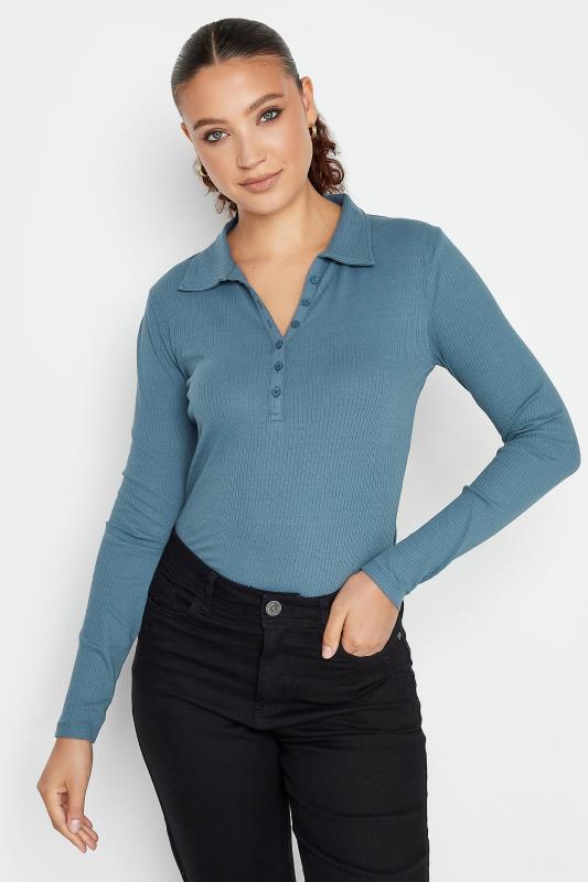 Tall  LTS Tall Blue Ribbed Button Detail Collared Top