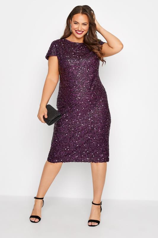 YOURS LONDON Plus Size Purple Sequin Embellished Shift Dress | Yours Clothing 1