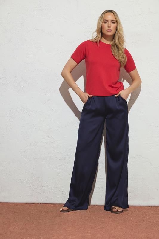 LTS Tall Women's Navy Blue Satin Wide Leg Trousers | Long Tall Sally 1