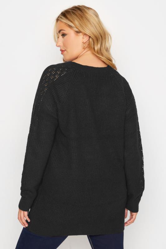 Plus Size Black Pointelle Sleeve V-Neck Knitted Jumper | Yours Clothing 3