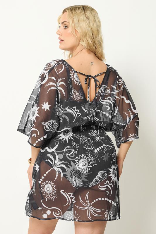YOURS Plus Size Black Beach Print Mesh Flower Print Beach Kaftan | Yours Clothing 2