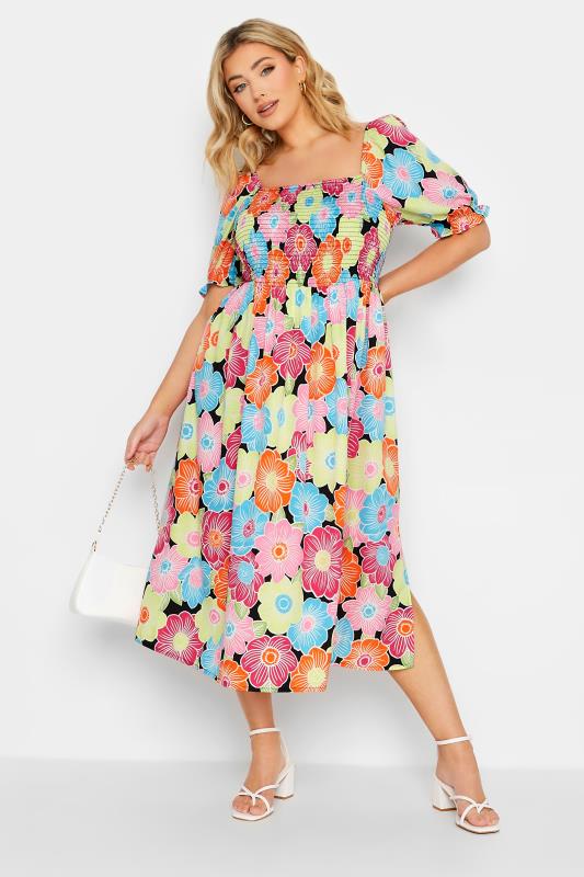 YOURS Plus Size Pink & Blue Floral Print Shirred Maxi Dress | Yours Clothing 2