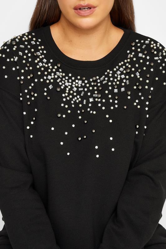 YOURS LUXURY Curve Black Diamante & Pearl Embellished Soft Touch Sweatshirt | Yours Clothing 5