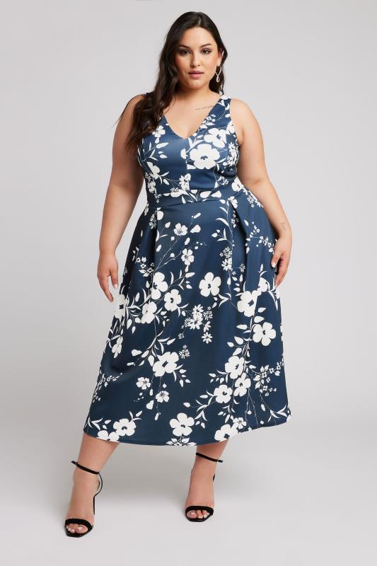 YOURS LONDON Plus Size Navy Blue Floral Pleat Dress | Yours Clothing 1