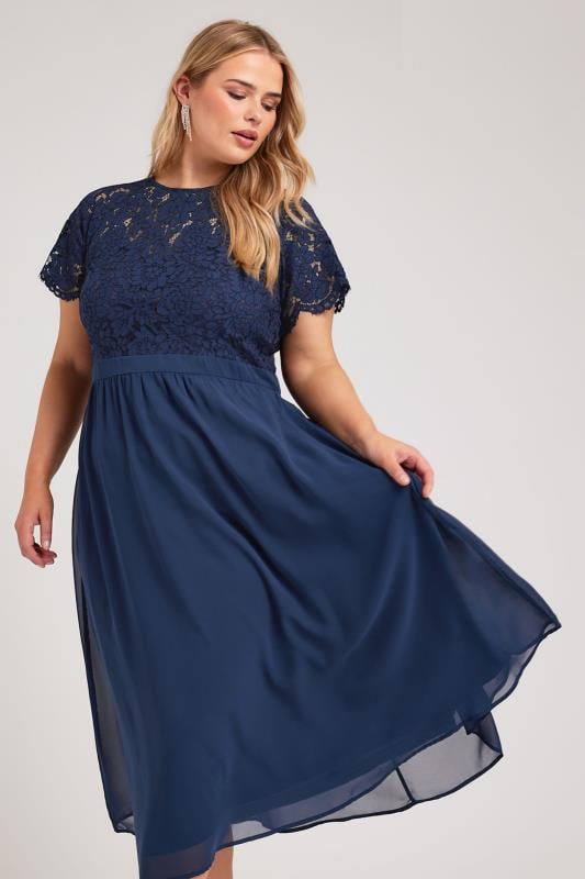 Plus Size  YOURS LONDON Curve Navy Blue Lace Sweetheart Midi Dress