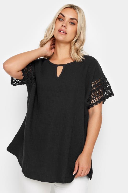 YOURS Plus Size Black Cheesecloth Crochet Top | Yours Clothing 1