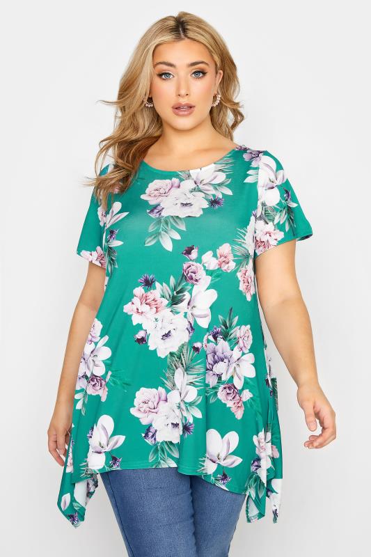 YOURS LONDON Plus Size Green Floral Hanky Hem Top | Yours Clothing 1
