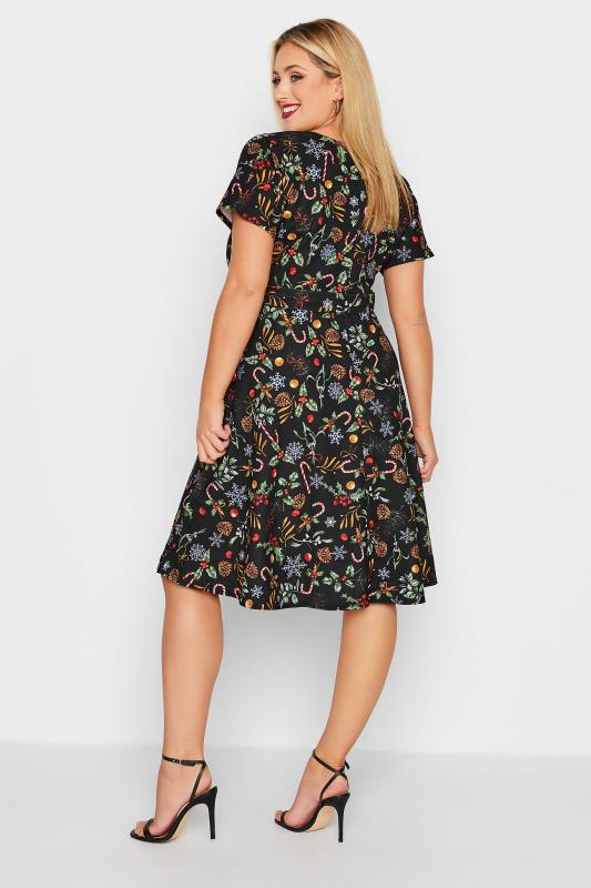 YOURS LONDON Plus Size Black Christmas Print Wrap Skater Dress | Yours Clothing 3