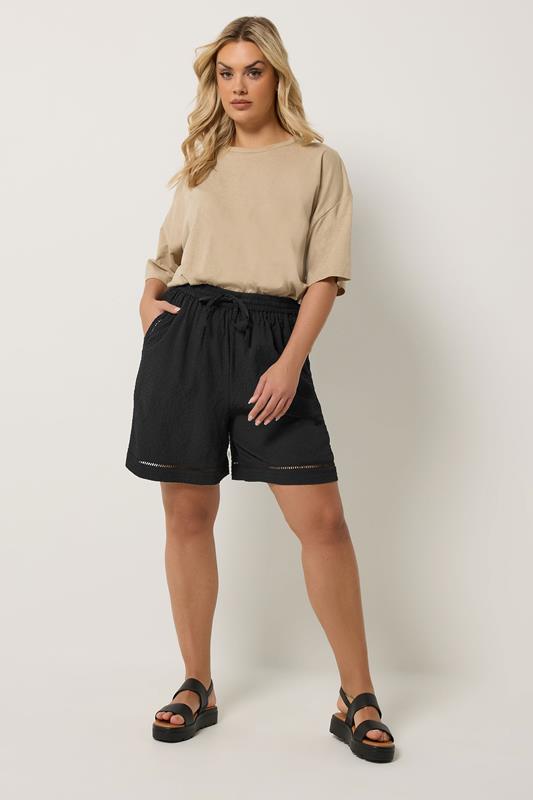 YOURS Plus Size Black Ladder Detail Shorts | Yours Clothing 1