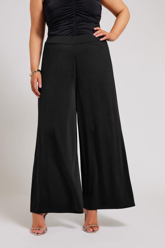 YOURS LONDON Plus Size Black Slinky Wide Leg Trousers | Yours Clothing 1