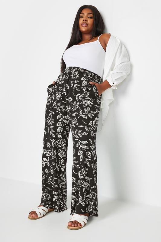 YOURS Plus Size Black Vine Print Wide Leg Jersey Trousers | Yours Clothing 2