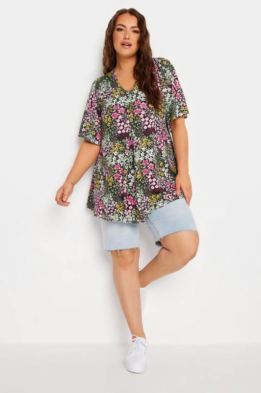YOURS Plus Size Black Floral Pleat Angel Sleeve Swing Top | Yours Clothing 2
