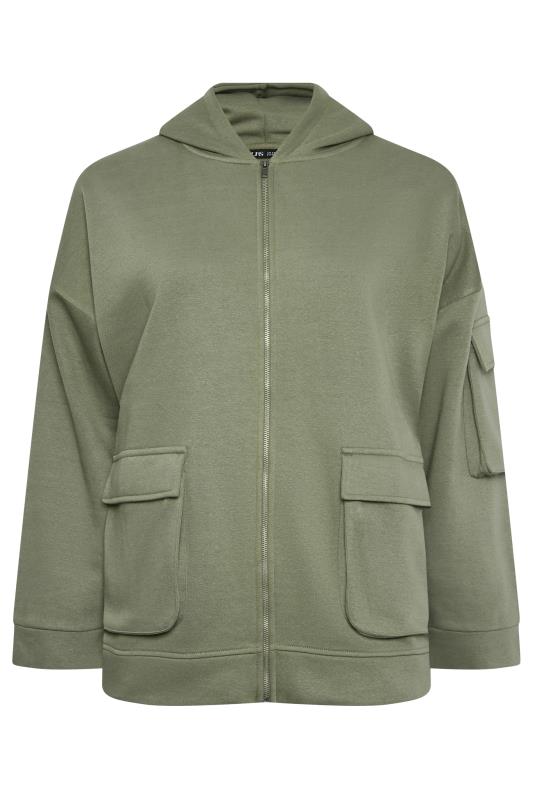 YOURS Plus Size Khaki Green Utility Pocket Zip Through Hoodie | Yours Clothing 5