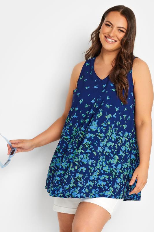 YOURS Curve Plus Size Navy Blue Floral Border Swing Top | Yours Clothing  1