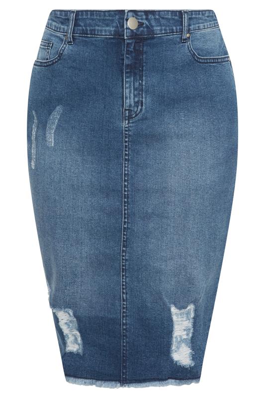 Curve Blue Denim Stretch Distressed Midi Skirt 5