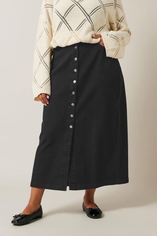 Plus Size  EVANS Curve Black Button Through Denim Maxi Skirt