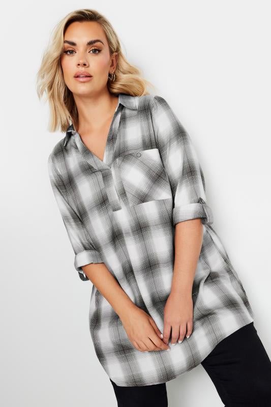 Plus Size  YOURS Curve Black and Silver Metallic Check Print Shirt