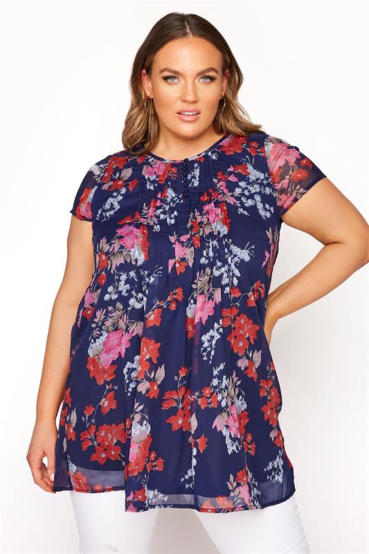 Navy Floral Pleat Front Short Sleeve Blouse | Yours Clothing