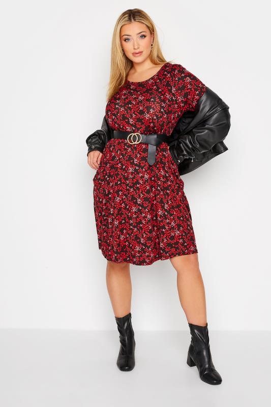 Plus Size Red Ditsy Print Drape Pocket Dress | Yours Clothing 5
