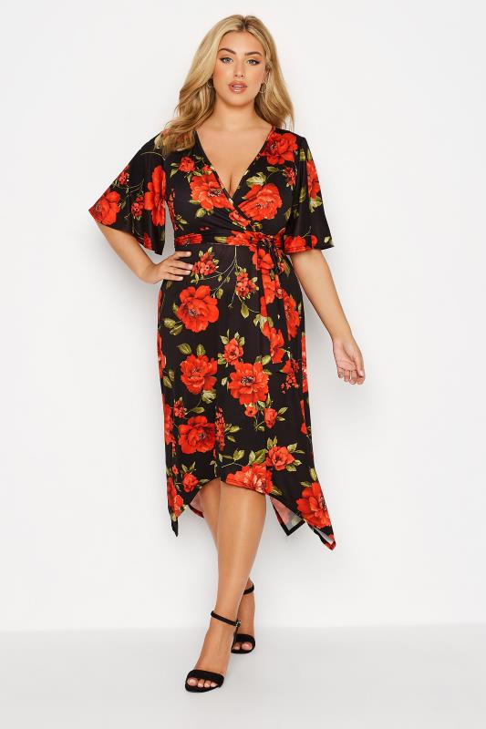 YOURS LONDON Plus Size Black & Red Floral Hanky Hem Dress | Yours Clothing 2