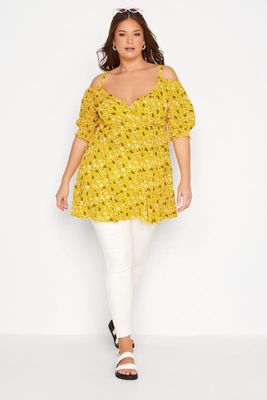 Plus Size Yellow Floral Cold Shoulder Top | Yours Clothing 2