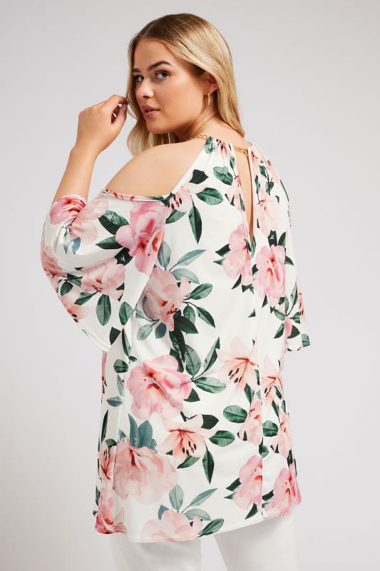 YOURS LONDON Plus Size White Floral Print Chain Cold Shoulder Top | Yours Clothing 4
