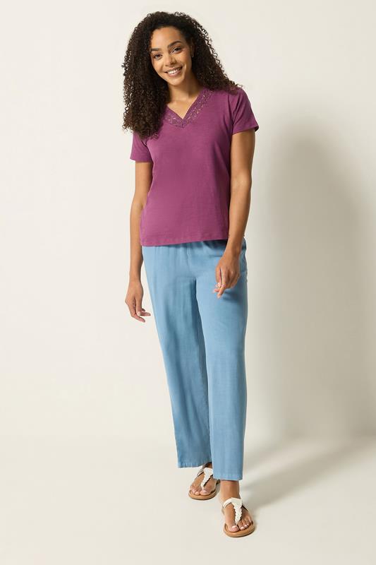 M&Co Berry Purple Lace Trim V-Neck Cotton T-Shirt | M&Co 1